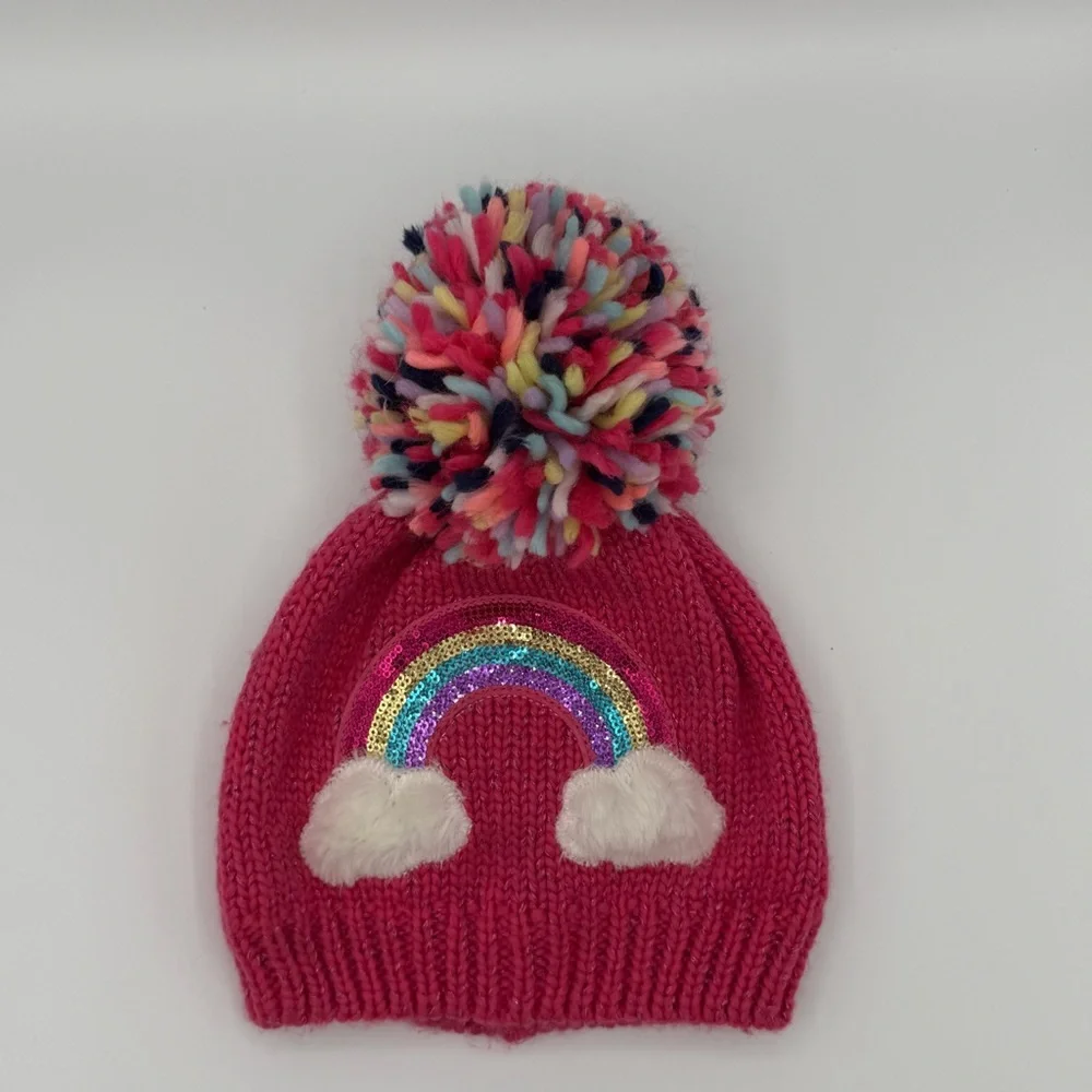 Children’s Place Pink Beanie With A Colorful Pom-Pom & Sequin Rainbow. Sz 2T-3T.